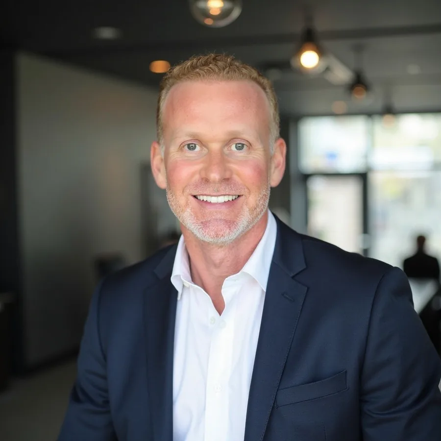 Michael DuBois smiling in a navy blazer in an office setting
